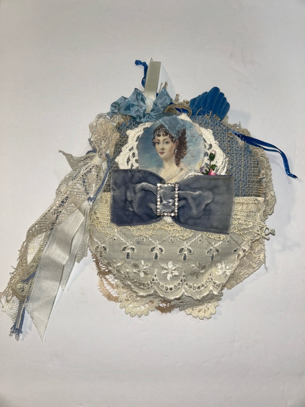 Vintage-Inspired Lace and Velvet Bow Decorative Fabric Journal in Blue and Cream